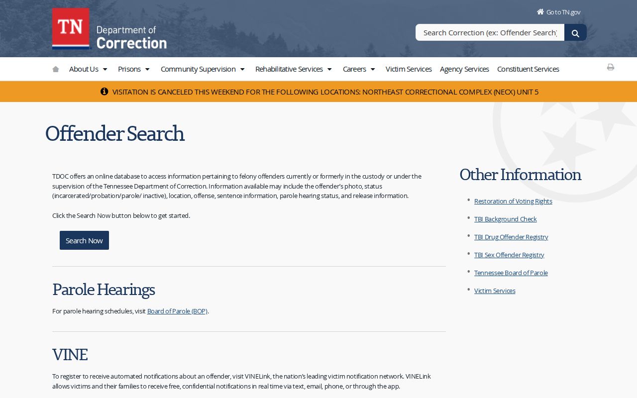 Washington County criminal court sentence and TDOC source